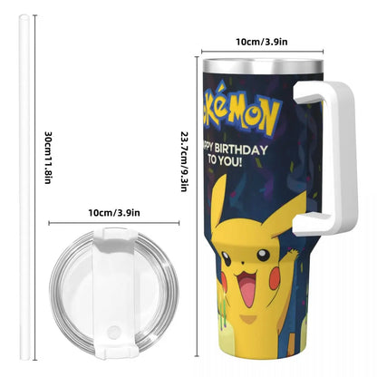 Stainless Steel Tumbler Pikachu Happy Birthday Thermal Mug Insulated Cold Drink Mugs Cup Beach Design Water Bottle