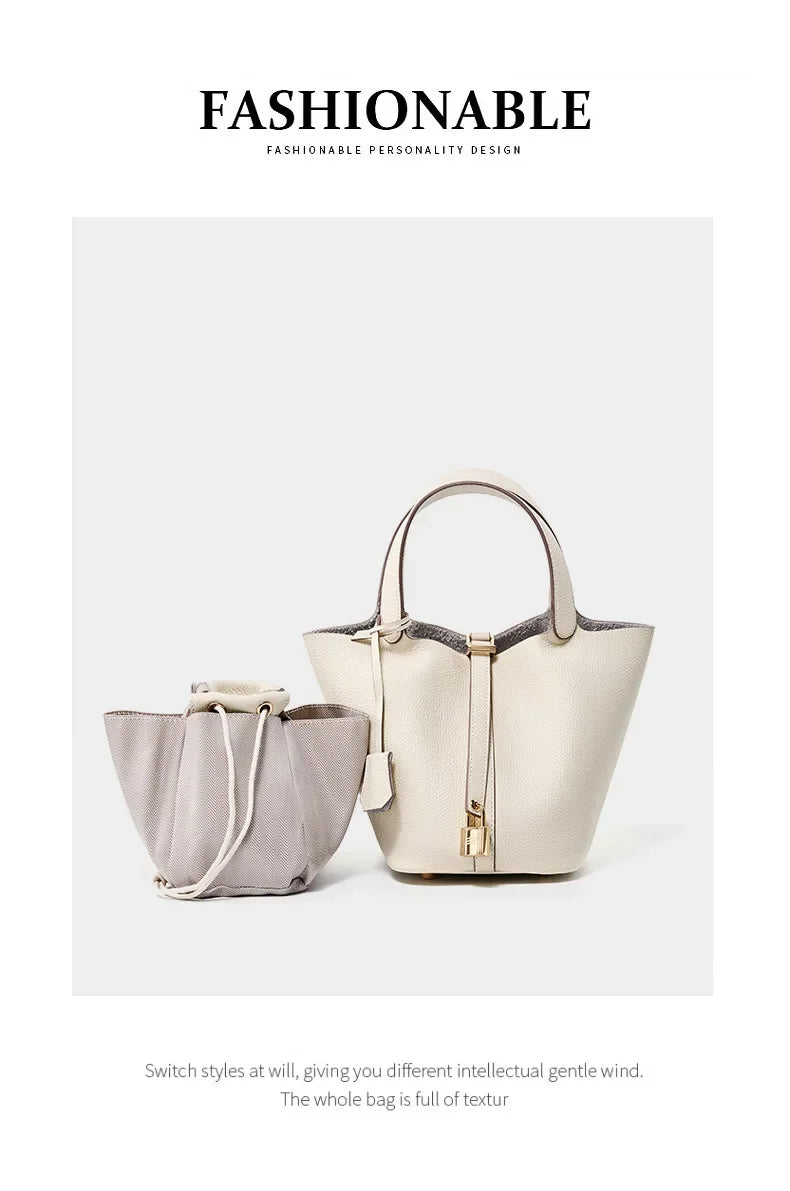 Genuine Leather Shoulder Bucket Bag Women Litchi Pattern Mini Basket Tote Soft Handbag Mommy Bride Wedding Bags with Lock