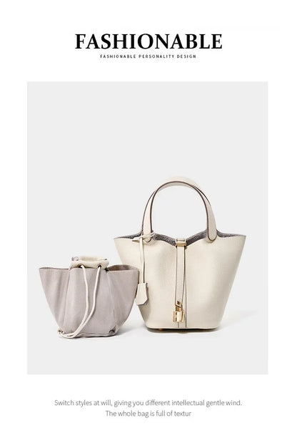 Genuine Leather Shoulder Bucket Bag Women Litchi Pattern Mini Basket Tote Soft Handbag Mommy Bride Wedding Bags with Lock