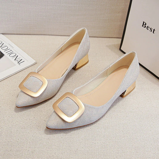 Womens Light Blue Glitter Pointed Toe Block Heel Pumps With Gold Square Buckle Detail Metallic Heel Elegant Dress Shoes Ladies