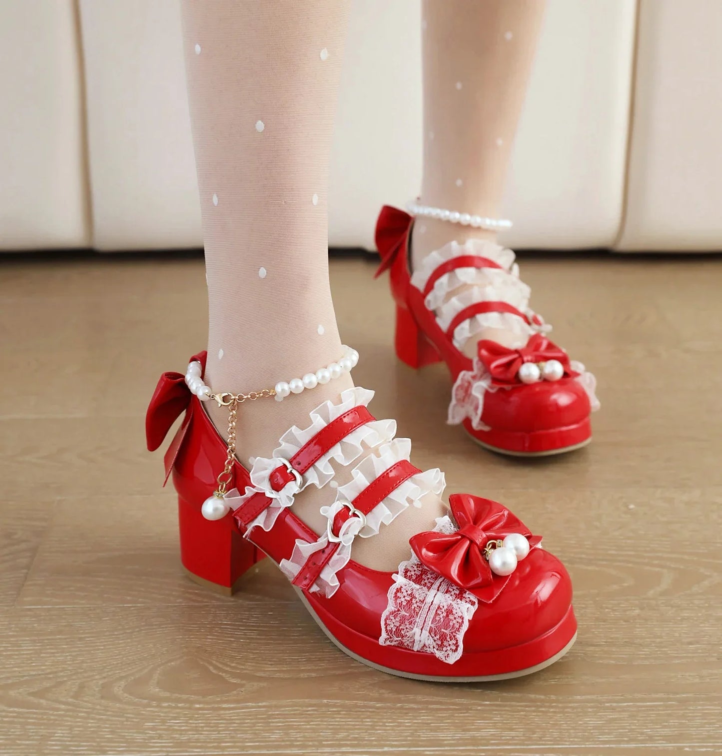 Cross Strap Women High Heels Mary Jane Pumps Party Wedding Cosplay White Pink Black Strawberry Bow Princess Cosplay Lolita Shoes