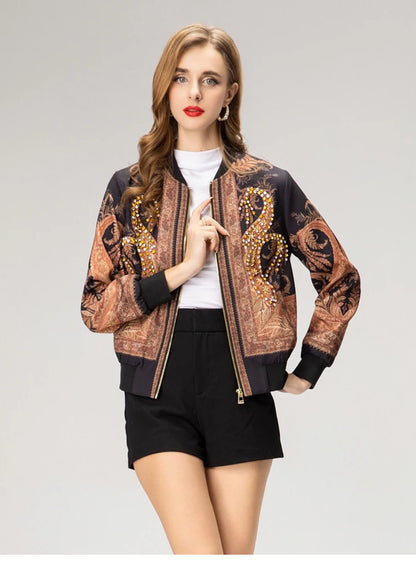 Luxury Rhinestone Stand Collar Bomber Jacket for Women, Vintage European Style Loose Fit Zip up Long Sleeve Spring Autumn Coat