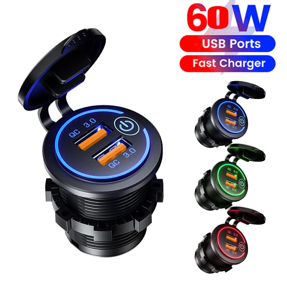 60W 2-port USB Fast Charging Socket Power Outlet Car Modified Charger QC3.0 With Touch Switch for Auto Motorcycle Accessories