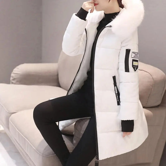 2025 Women Winter Cotton Coat Thickened Padded Stuffed Hooded Mid Length Warm Winter Coat Solid Color Slim Fit Lady Down Coat