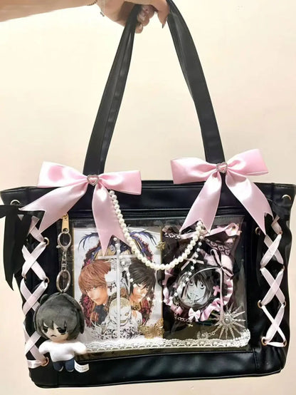 New Ribbon Cute Handbag for Women Large Capacity Transparent DIY Badge One-shoulder Tote Bag Japanese Sweet Girl Ulzzang Ita Bag