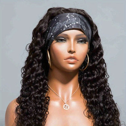 Human Hair 200% Density Headband Wig Human Hair Wigs Wear and Go Glueless Wig Curly Deep Wave Headband Wig Natural Color