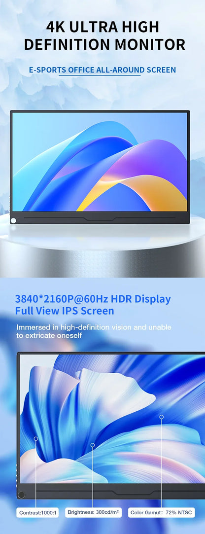 4K Gaming Monitor 15.6 inch Portable Monitor 3840x2160 60Hz Extended Screen Display for Xbox PS 4 5 Switch Office Work Phone