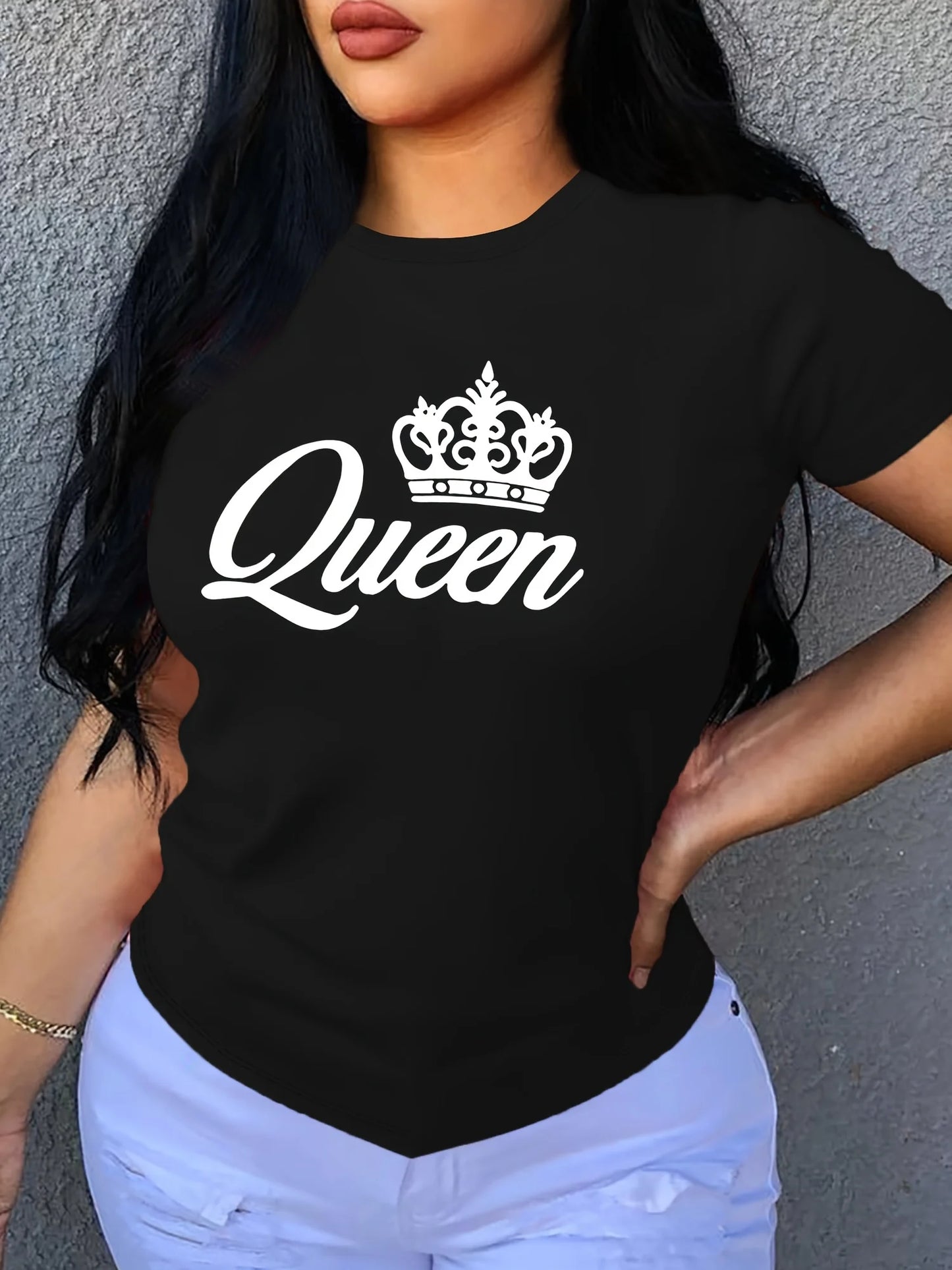 Women's T-shirt casual black short sleeved printed loose top design clothes