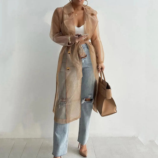 Women Organza See Though Sunscreen Long Sleeve Trench Summer Autumn Fashion Double Breasted Long Coat With Belted Tops Outwear