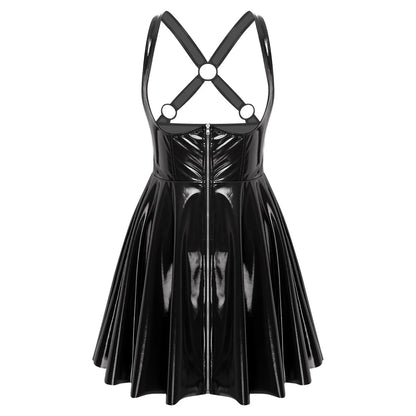 Gothic Punk Women Wet Look Latex Leather Dress Sleeveless Front Cut Out Cups Bodycons Dress Sexy Raves Party Nightclub Clubwear