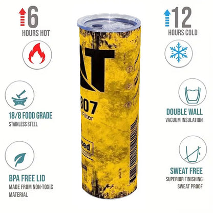 20Oz Stainless Steel Insulated Tumbler Engine Oil filter Yellow Double walled with Straw and Lid keep Cold Hot Drink Car Cup