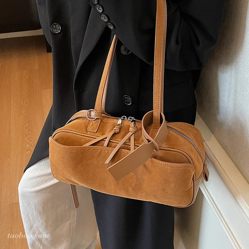 Retro Red Suede Wedding Shoulder Bag Luxury Designer Women Versatile Underarm Bags Elegant Female Large Capacity Handbags