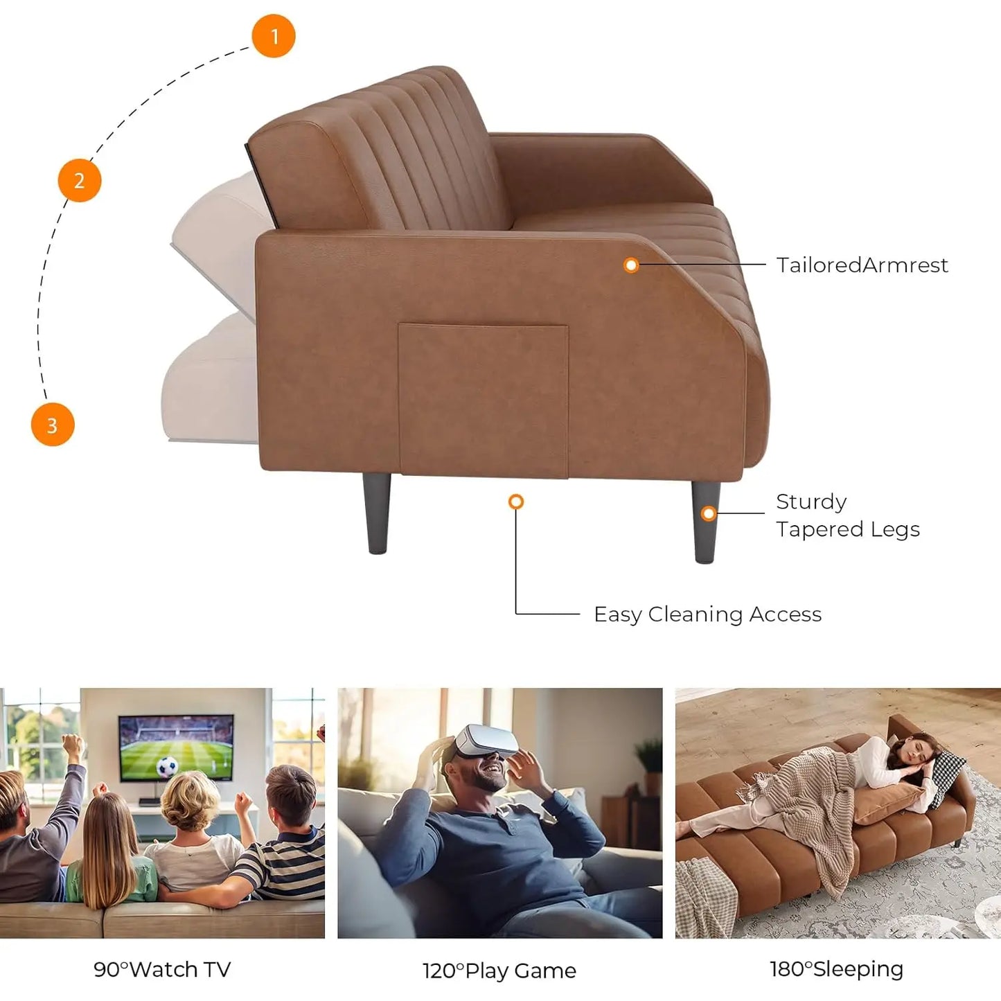 Faux Leather Couch, Convertible Futon Sofa Bed with Adjustable Backrest, Mid Century Leather Sofa Loveseat , Customized