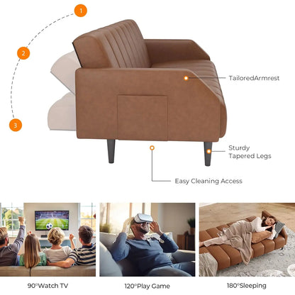Faux Leather Couch, Convertible Futon Sofa Bed with Adjustable Backrest, Mid Century Leather Sofa Loveseat , Customized