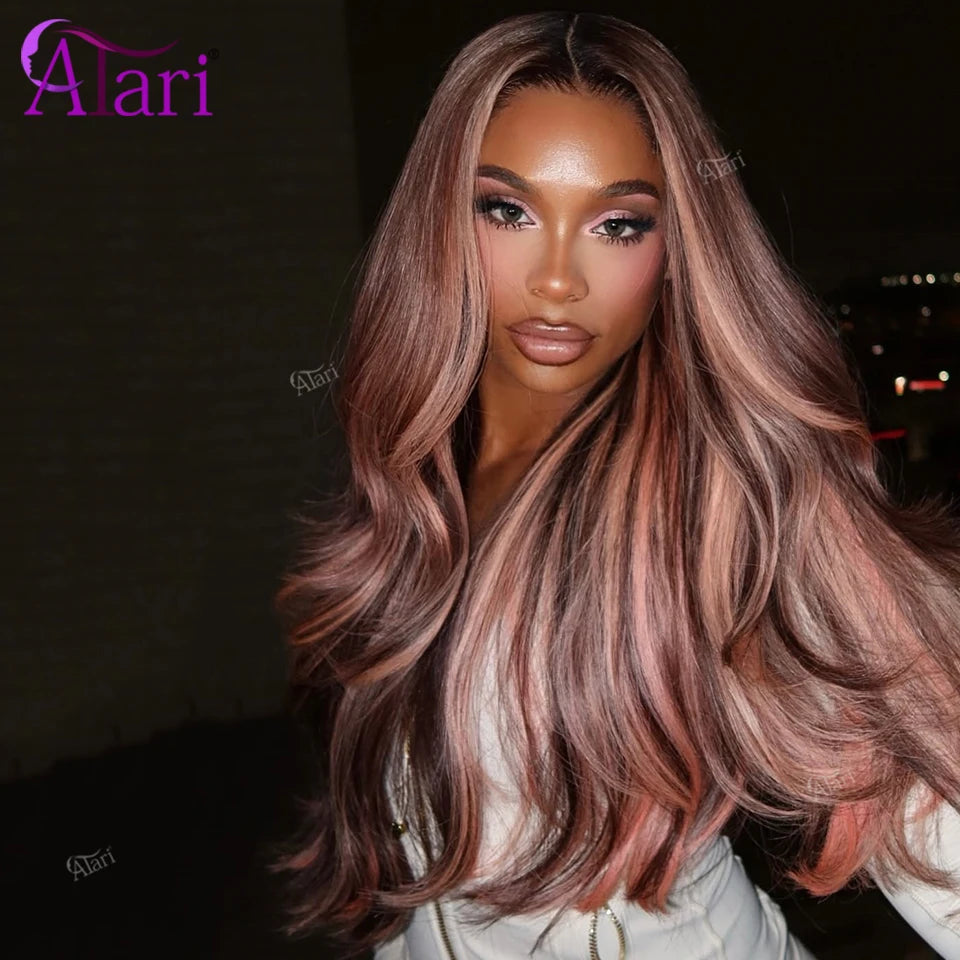 More Highlights Color 13x4 13x6 Lace Frontal Body Wave Wig Pink Brown Human Hair Wigs Pre Plucked Brazilian Remy Hair for Women