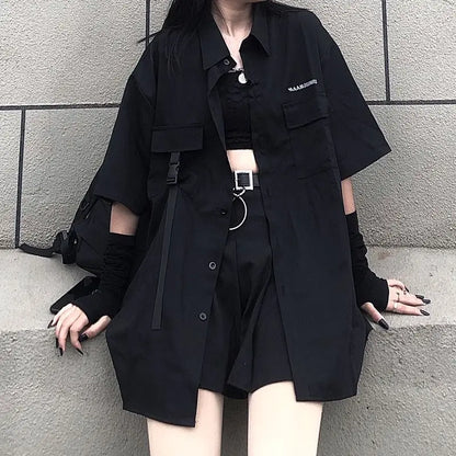 Gothic Skirt Set Loose Shirt Pleated Mini Skirts 2 Piece Sets Korean Retro Casual Outfits Women Spring Summer Aesthetic Y2k Suit
