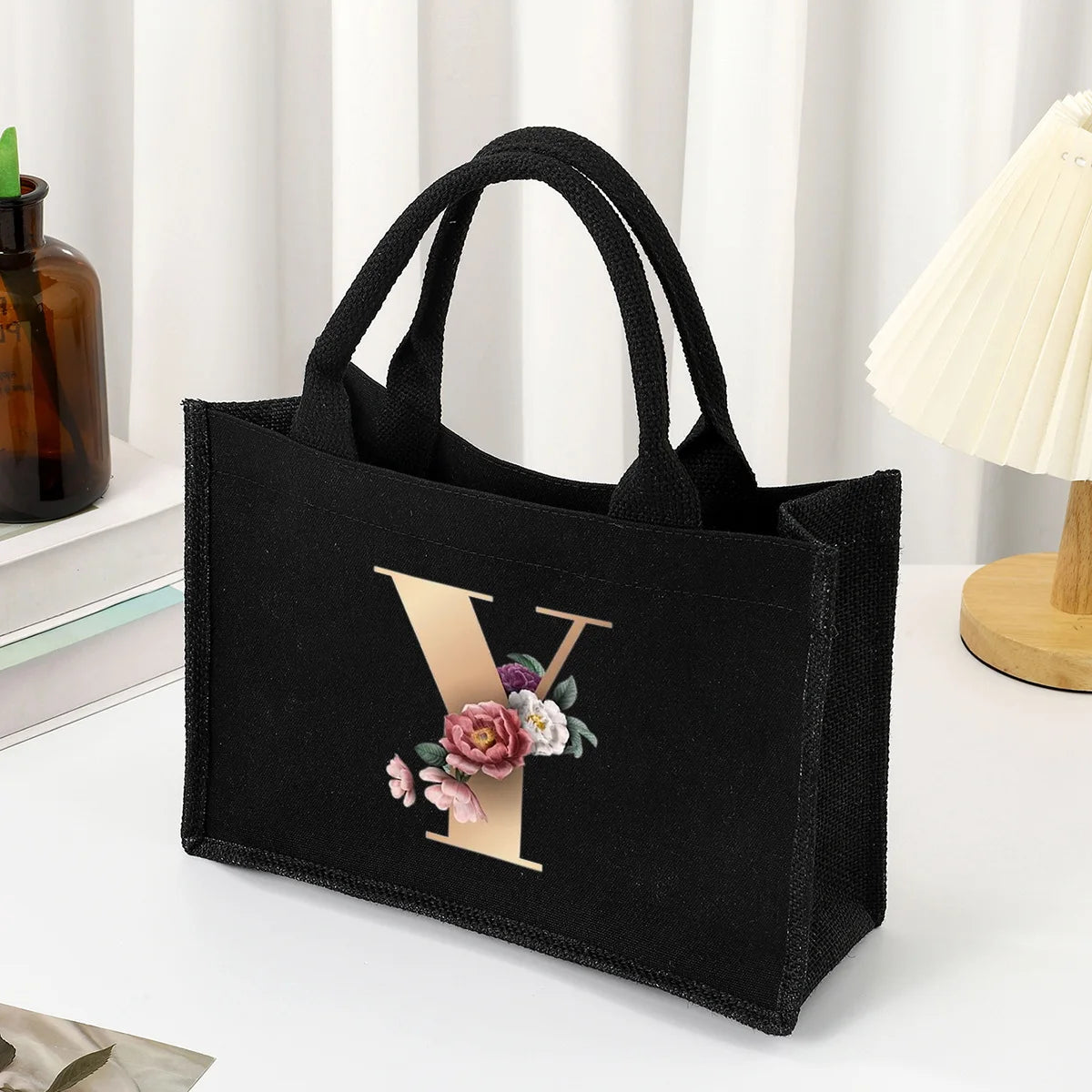 Black hand-held canvas bag, 26 letter printed women's handbag, large capacity portable leisure beach bag, indoor waterproof