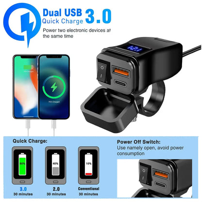 6.8A PD+QC3.0 Motorcycle Phone Charger Handlebar Dual USB Socket 60W Waterproof 12V Power Supply Adapter with Switch Voltmeter