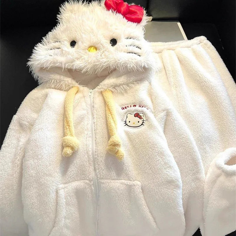 Cute Hello Kittys Hooded Pajamas for Women Winter Coral Fleece Thickened Warm Girls Sleepwear Students Casual Home Clothes Set