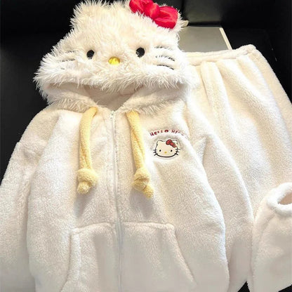 Cute Hello Kittys Hooded Pajamas for Women Winter Coral Fleece Thickened Warm Girls Sleepwear Students Casual Home Clothes Set
