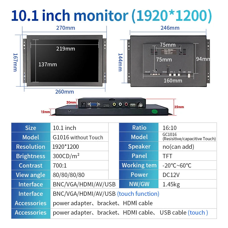 10.1 Inch 1920*1200 16:10 Metal Case Capacitive Touch Screen VESA Industrial Monitor With VGA HDMI BNC AV USB Port for CNC Kiosk