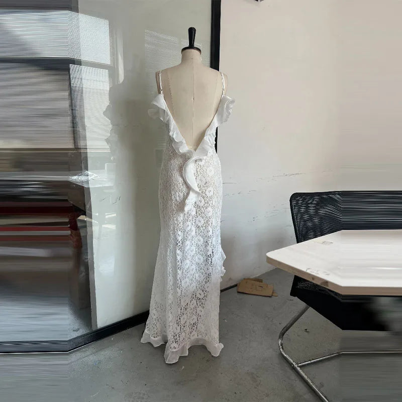 Sexy Hollow Out Lace Maxi Dress Women Spaghetti Strap Ruffles Party Club Robes Backless Side Slit Beach Vacation Lady Dress