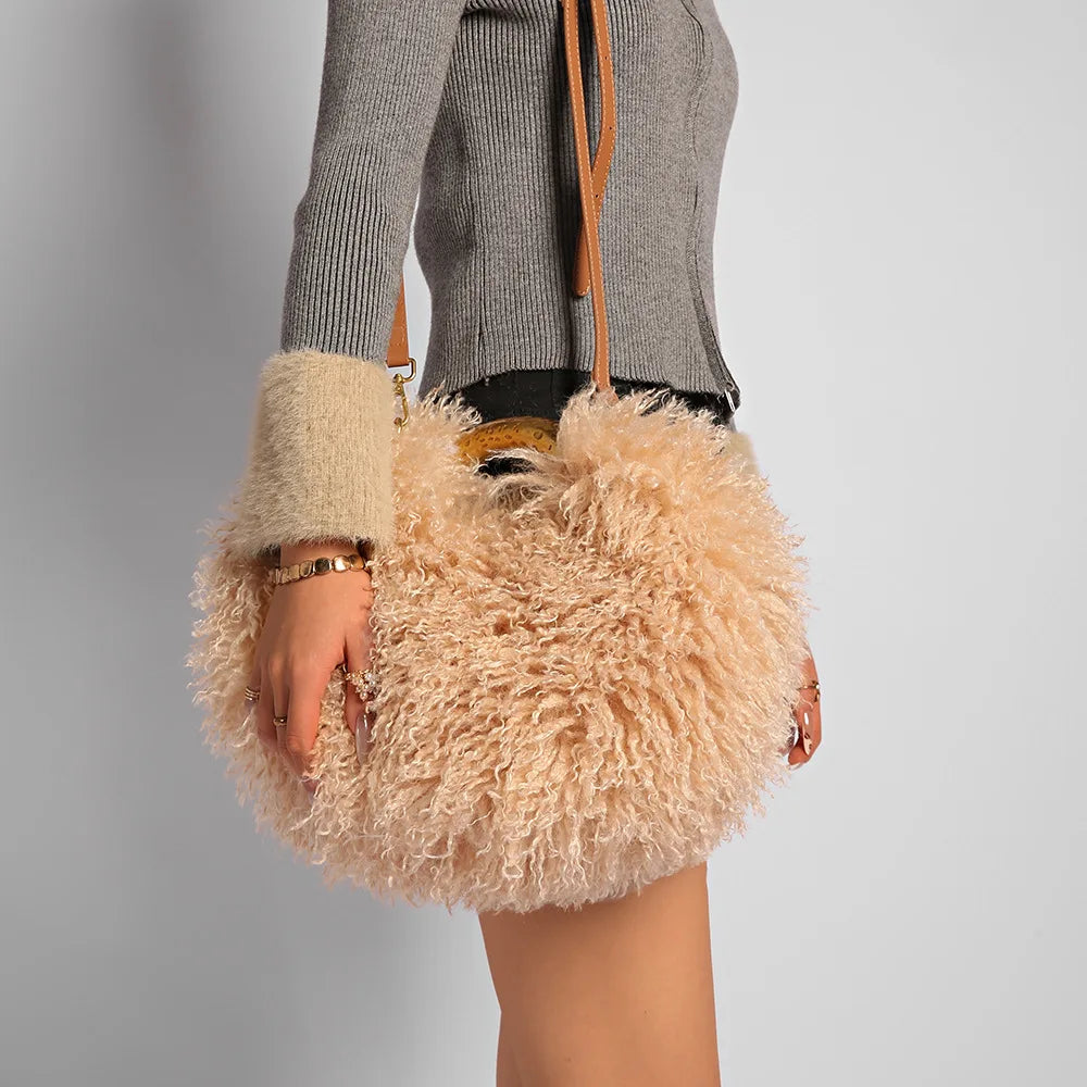 Spice Girl Solid Color Plush Women's Shoulder Bags Exquisite Handle Female Handbag Casual Versatile Furry Ladies Messenger Bag