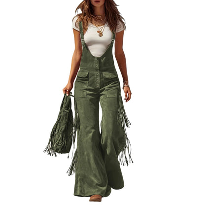 Women's Four-Season Retro Western-Style Tassel Design Overalls, Suitable for Daily Commuting, Going Out, Dating, Holiday Parties, and Various Occasions