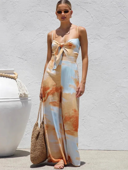 Summer New Print Spaghetti Strap jumpsuits Women Sexy Low Cut Bowknot Bowknot High Waist Wide Leg Jumpsuit Vacation Style Female