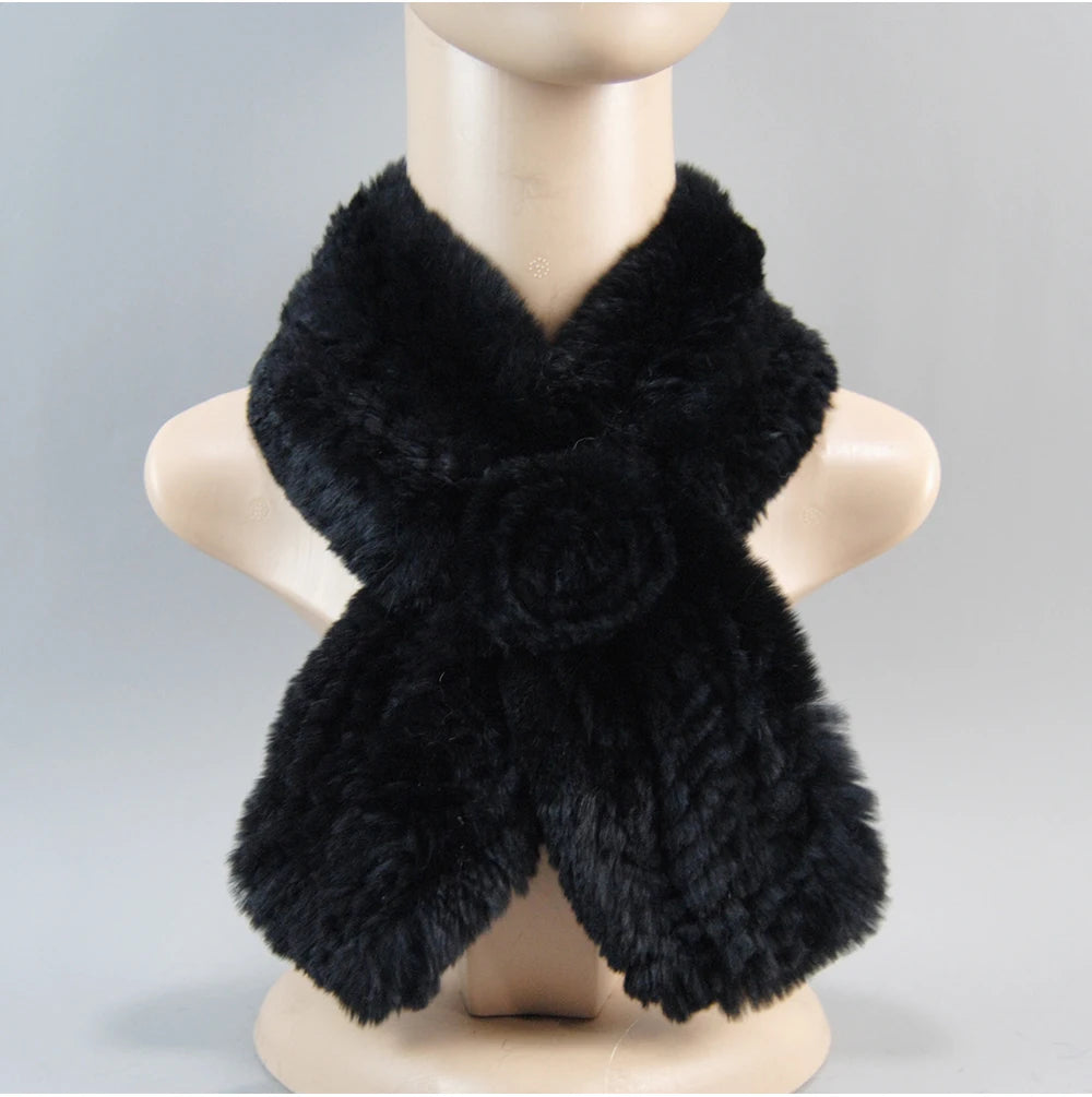 Hot Russian Women Knit Real Rex Rabbit Fur Scarf Lady Fashion Floral Rex Rabbit Fur Mufflers Hot Winter Warm Natural Fur Scarves