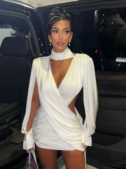 Sisterlinda Cross Waistless Dress Women Y2K High Neck Bandage Tassel Slit Long Sleeve Backless Folds Sexy Midnight Party Bodycon