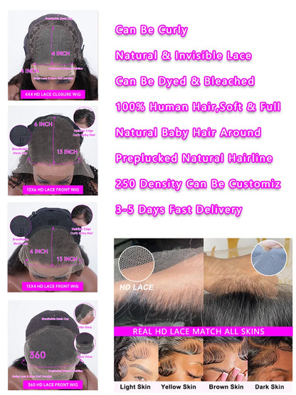 250 Density 13x6 Hd Lace Frontal Wigs Brazilian 32 34 40 Inch Deep Wave Curly Human Hair Wigs 100% For Black Women Preplucked
