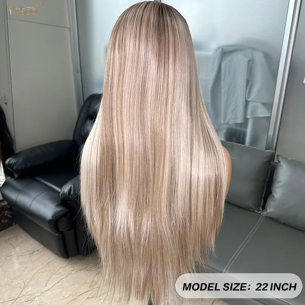 Long Heat Resistant 13x6 Synthetic Lace Front Wig Japan Futura Hair Ombre Highlights Silky Straight Hair Pre Plucked Hairline