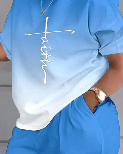 Ladies Casual Summer Two Piece Sets Printed Shorts Sets Women Round Neck Short Sleeve T Shirts Pullover High Waist Trousers Suit