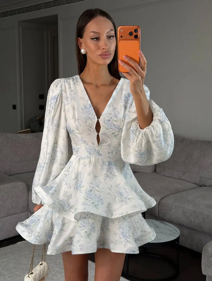 Sexy Deep V-neck Floral Printed  Long Sleeve Women Dress Fashion Waist-cinched Pleated Button-front Vestidos 2026 Daily Outfits