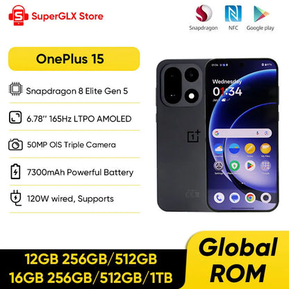 New OnePlus 15 Unlocked Smartphone 6.78'' 165Hz High Refresh Rate Screen 50MP Triple Camera 7300mAh Battery Supports NFC IP68