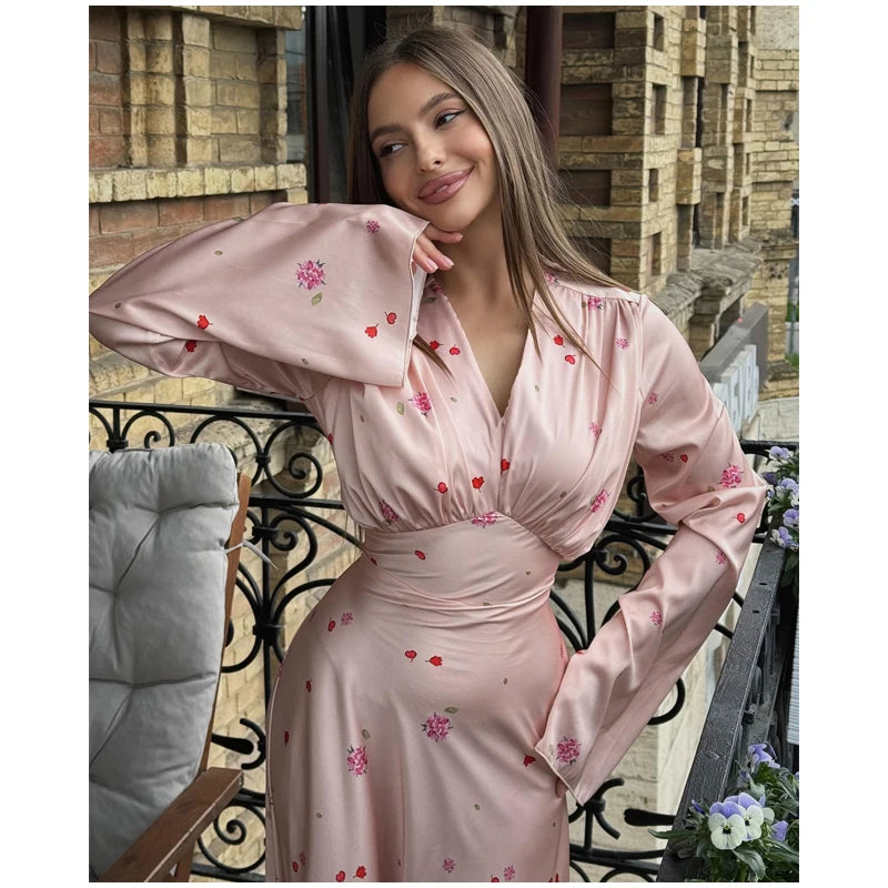 Vintage Floral Halter Deep V Neck Women's Dress Sexy Side Waist Cutout Flowy Long Sundress Summer New Chic Vacation Party Outfit