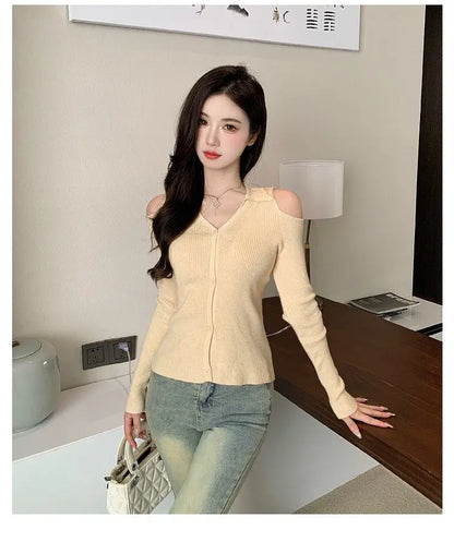 Women Clothing Autumn Fashion Simplicity All-match Screw Thread Knitting Female Solid Color V-neck Slim Sweater Pullovers Tops