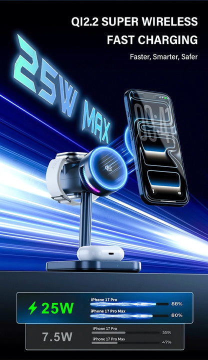 3 IN 1 Magnetic qi2 25W Wireless Charger Stand LED Light  Air Cooling Fast ChargingFor iPhone 17~12 Airpods Pro 3/2 Apple Watch