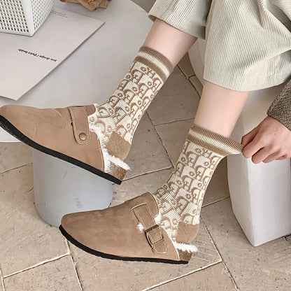 Kuwa 1/2Pairs Trendy Winter Wool Socks Ladies Monogram Pattern Solid Color Thickened Middle Tube Socks Breathable Wholesale
