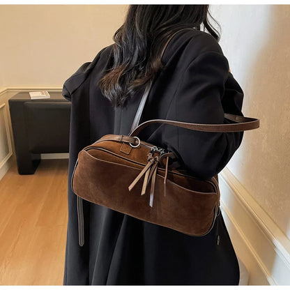 Retro Red Suede Wedding Shoulder Bag Luxury Designer Women Versatile Underarm Bags Elegant Female Large Capacity Handbags