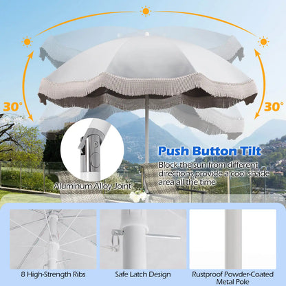 6.5 FT Outdoor Fringe Patio Umbrella w/ Carrying Bag Push Button Tilt for Garden
