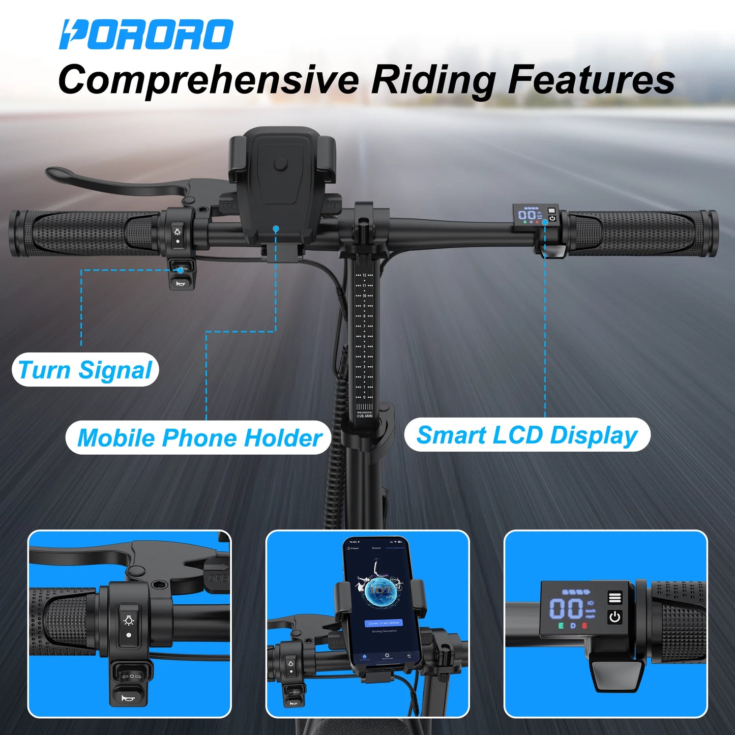 PORORO 14inch Electric Bicycle 10.5AH Battery 28Miles Max Range 22MPH Max Speed Shock Absorption Foldable E Scooter with Seat