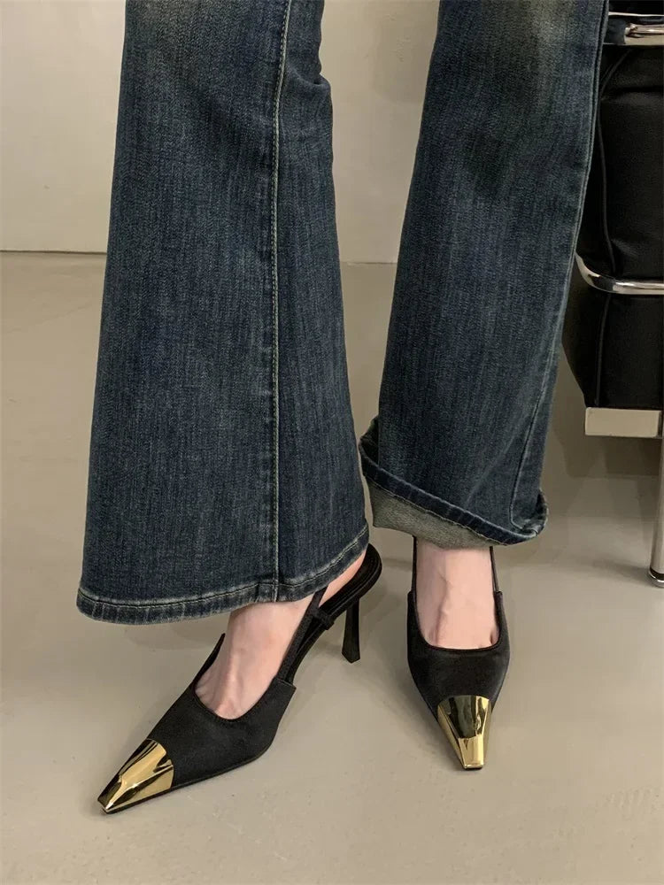 Street Style Pointed Toe Women Pumps Fashion Slingbacks Thin High Heels Elegant Stripper Prom Ladies Sandals Shoes
