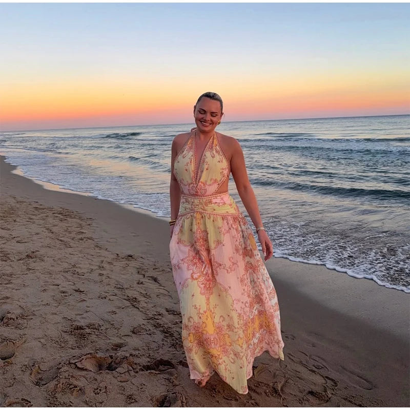 Vintage Floral Halter Deep V Neck Women's Dress Sexy Side Waist Cutout Flowy Long Sundress Summer New Chic Vacation Party Outfit