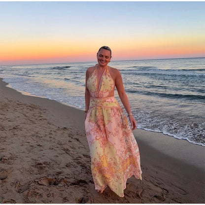 Vintage Floral Halter Deep V Neck Women's Dress Sexy Side Waist Cutout Flowy Long Sundress Summer New Chic Vacation Party Outfit