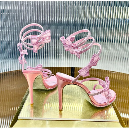 Luxury Rhinestones Mesh Bowknot Snake Coiled Women Gladiator Sandals Sexy Narrow band Thin High heels Summer Wedding Party Shoes