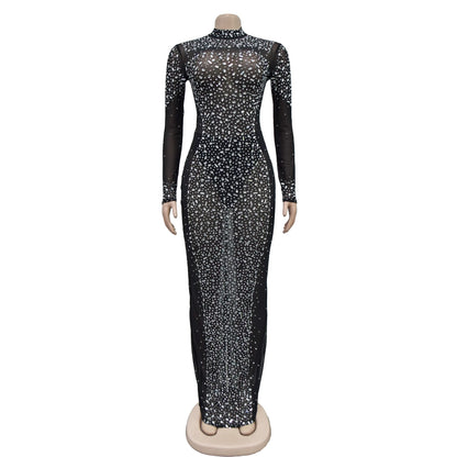 Party Dress Women Floor Length Dresses Vestidos Hot Drilling Evening Bodycon Square Collar Prom High Waist Evening Night 2025