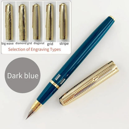 WingSung 601A Double Blue Stone Fountain Pen Gold Carving Cap Vacuum Piston F 0.5mm Iridium Wrapped Nib Writing Ink Pens Gift