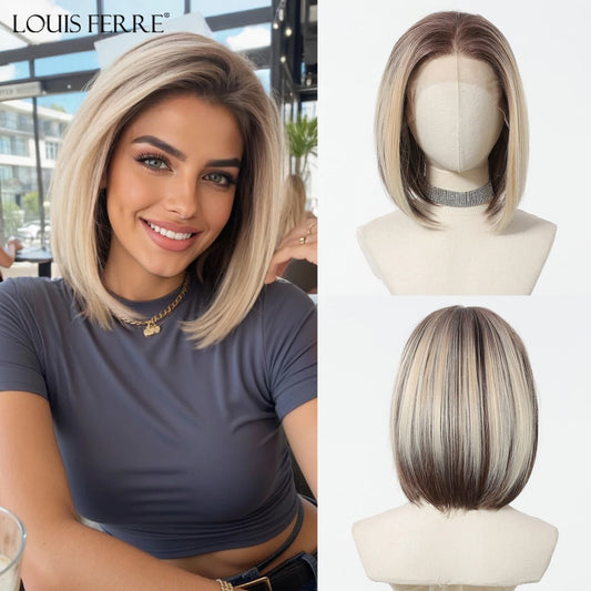 13*6 HD Transparent Lace Front Wigs Natural Hairline Short Straight Synthetic Wigs For Women Daily Party Brown Mixed Blonde Wigs